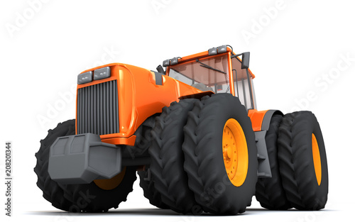 Glossy orange wheel harvesting tracktor moving from right to left isolated on white background. 3D illustration. Front side view. Perspective