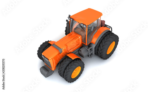 Glossy orange wheel harvesting tracktor isolated on white background. 3D illustration. View from the top