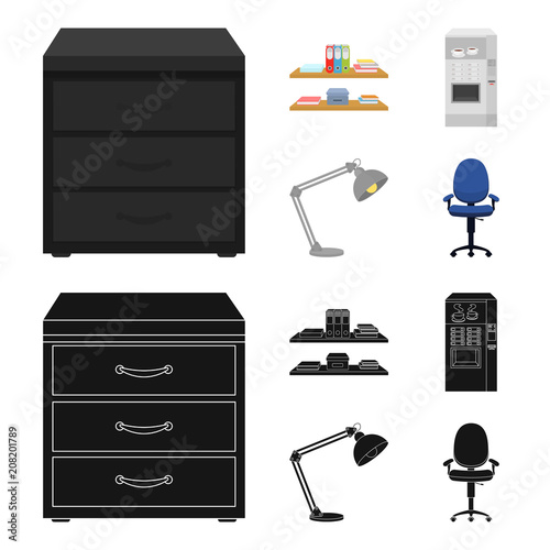 Shelves, folders and notebooks with business records, a coffee machine with cups, an armchair with a backrest on wheels, a desk lamp. Office Furniture set collection icons in cartoon,black style