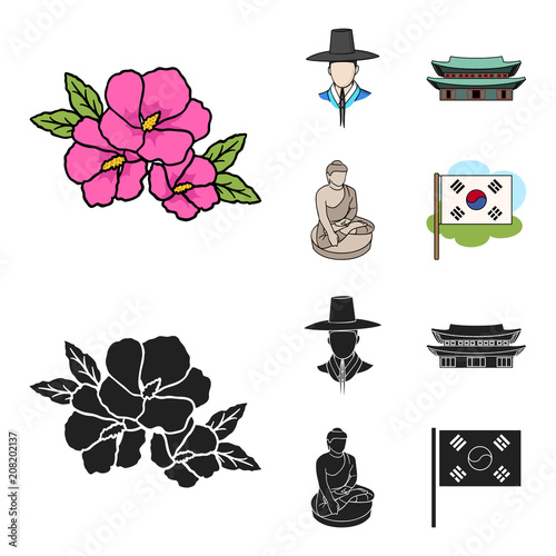 Korean in national headdress, Korean monastery, Buddha figurine, national flag. South Korea set collection icons in cartoon,black style vector symbol stock illustration web.