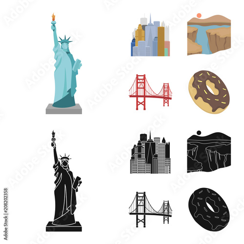 A megacity, a grand canyon, a golden gate bridge,donut with chocolate. The US country set collection icons in cartoon,black style vector symbol stock illustration web.