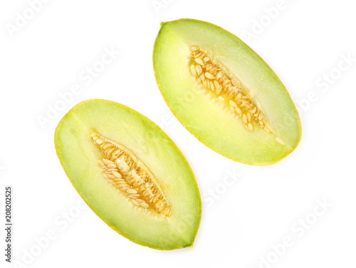 Fresh cantaloupe melon slices isolated on white background, top view