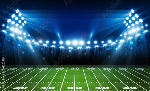 American football arena field with bright stadium lights design. Vector illumination