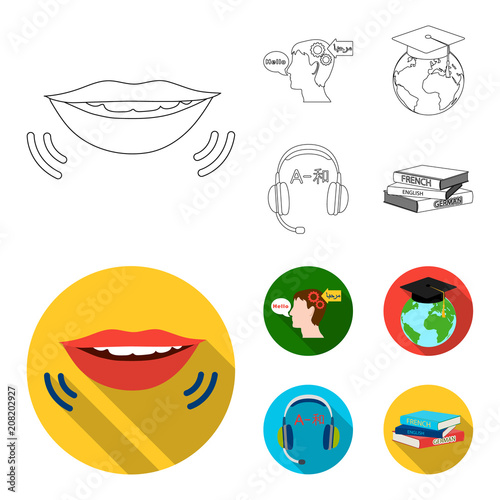 The mouth of the person speaking, the person head translating the text, the globe with the master cap, the headphones with the translation. Interpreter and translator set collection icons in outline