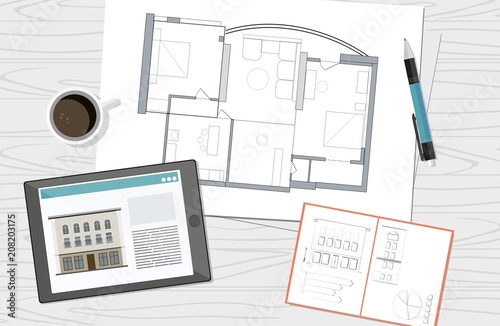 Workplace - technical project architect house plan blueprint. Construction background.	