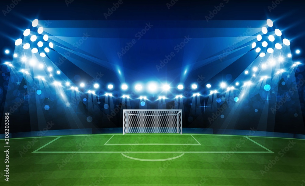 Football arena field with bright stadium lights vector design. Vector illumination