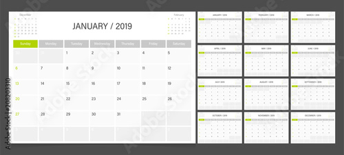 Calendar 2019 week start on Sunday corporate design planner template.