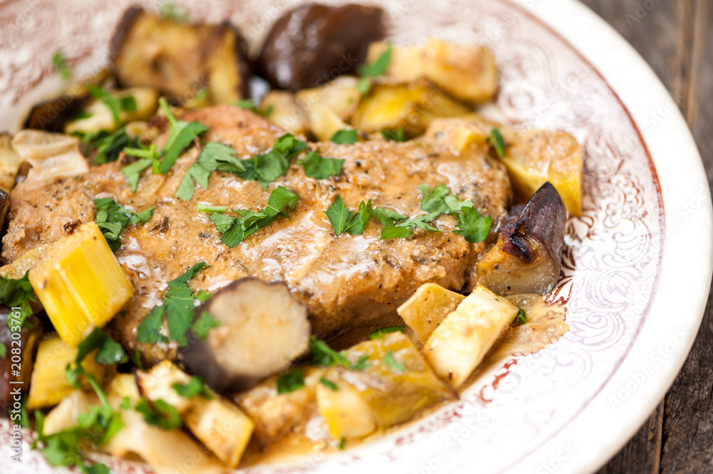 Pork steak with leeks and aubergine Pork steak with leeks and aubergine