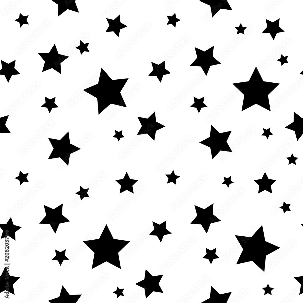 Star seamless pattern. Black stars on white retro background. Chaotic  elements. For web, print, wallpaper, wrapping, fashion fabric, textile  design, for invitation card, holiday decor Stock Vector | Adobe Stock