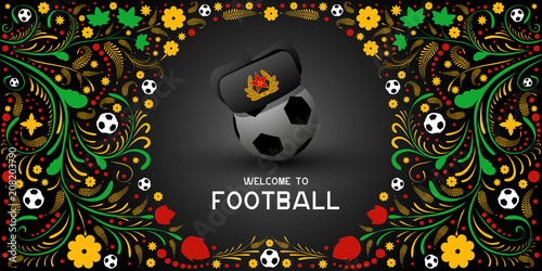Fototapeta Naklejka Na Ścianę i Meble -  The ball in the hat-ear flaps. Wallpaper on the theme of football. Background with soccer balls and Russian folk pattern.