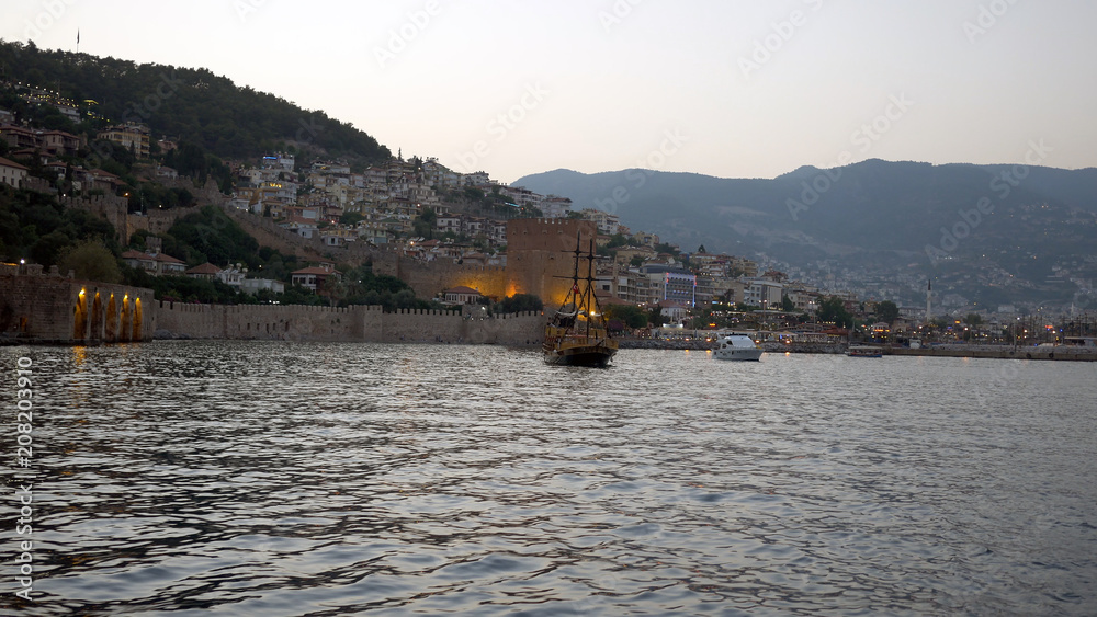 Landscape of ancient dockyard near of Old Red Tower in Alanya, Turkey