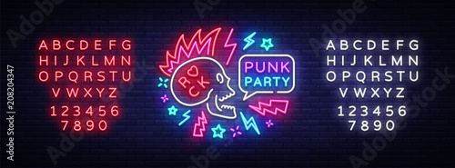 Punk Party Neon Sign Vector. Rock music logo, night neon signboard, design element invitation to Rock party, concert, festival, night bright advertising, light banner. Vector. Editing text neon sign