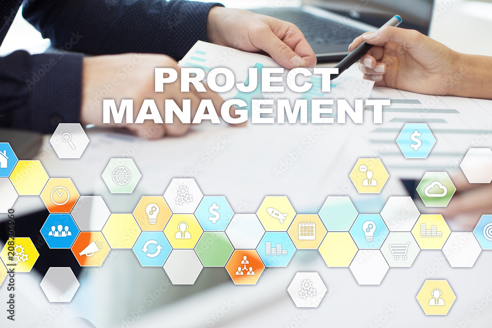 Project management on the virtual screen. Business concept.
