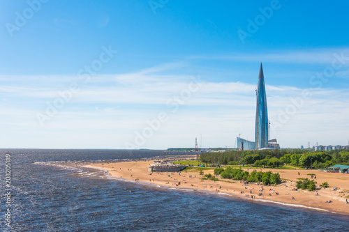 Skyscraper Lakhta Center on the coast of The beach Gulf of Finland. 03 June 2018.