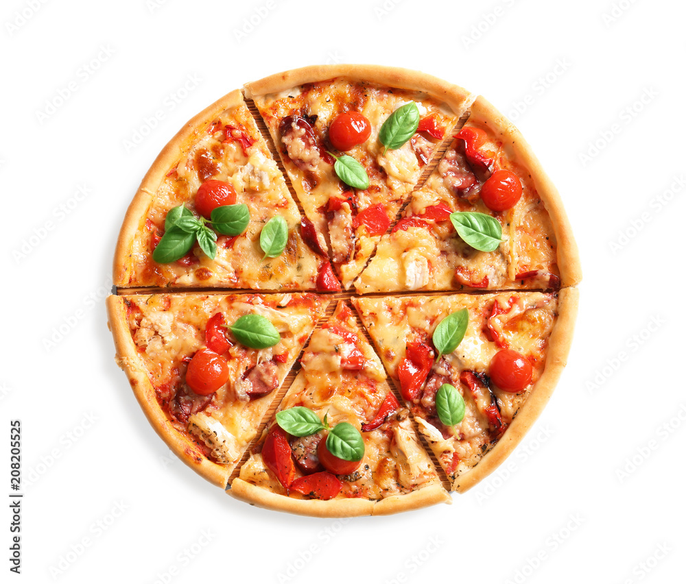 Delicious pizza with tomatoes and sausages on white background Delicious pizza with tomatoes and sausages on white background