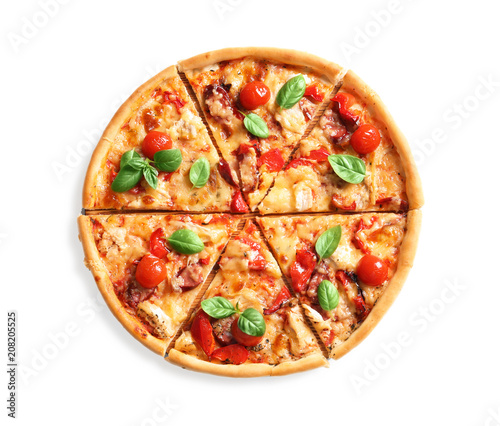 Delicious pizza with tomatoes and sausages on white background