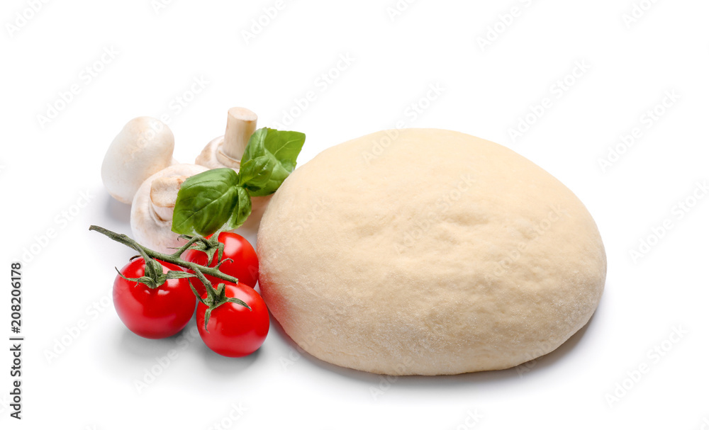 Ingredients for tasty pizza, isolated on white Ingredients for tasty pizza, isolated on white