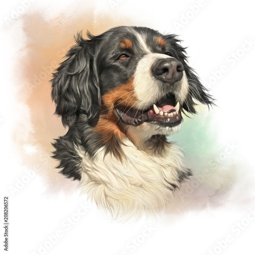 Bernese Mountain Dog. Realistic Portrait of Berner Sennenhund on watercolor background. Large Dog Breeds. Animal art collection: Dogs. Hand drawn pet illustration. Good for T-shirt, pillow, pet shop