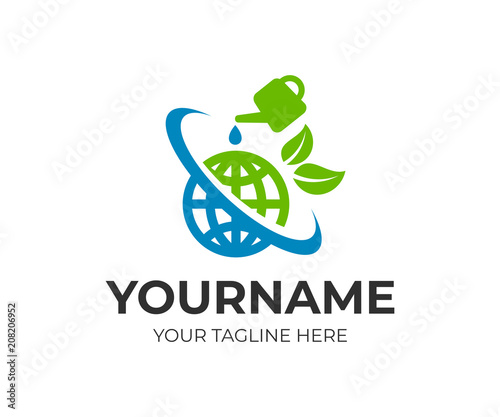 Watering can pours water planet earth, globe with leaves and twist, logo template. Ecology, care for land, environmental protection, ecological and natural balance and harmony, vector design