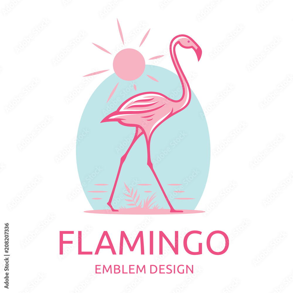 Obraz premium Pink flamingo goes along the water - vector illustration, emblem, print designs
