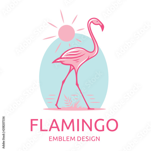 Pink flamingo goes along the water - vector illustration, emblem, print designs