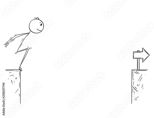 Cartoon stick man drawing conceptual illustration of businessman redy to jump over the chasm. Business concept of challenge and success.