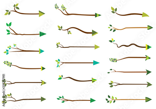 Vector tree branch arrows with green leaves for natural and organic product designs