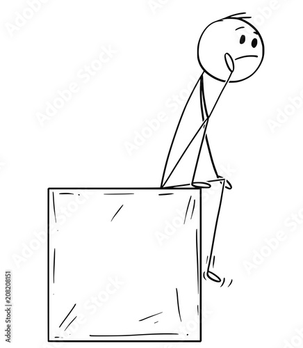 Cartoon stick drawing conceptual illustration of man or businessman sitting on box or cube and thinking.