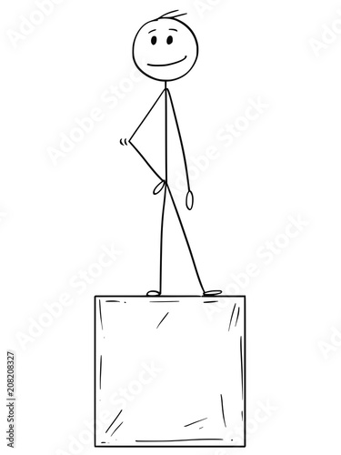 Cartoon stick drawing conceptual illustration of man or businessman standing on box or cube.
