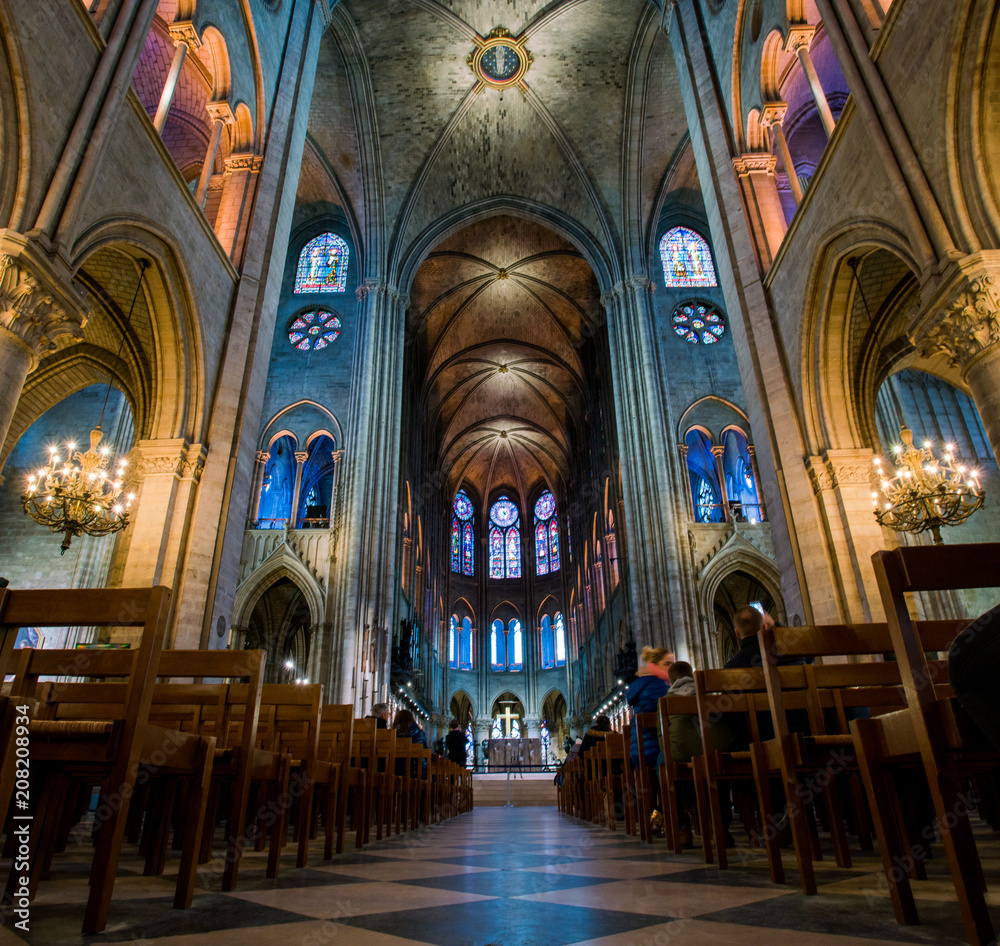 PARIS, FRANCE - February 15, 2018 : Interior of the  Notre Dame de Paris. France