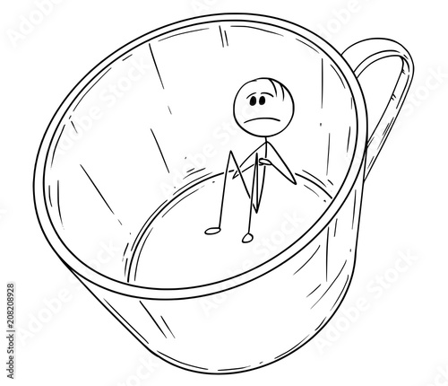 Cartoon stick drawing conceptual illustration of sad and depressed man or businessman sitting in empty coffee or tea cup or mug. Concept of caffeine addiction and stress.