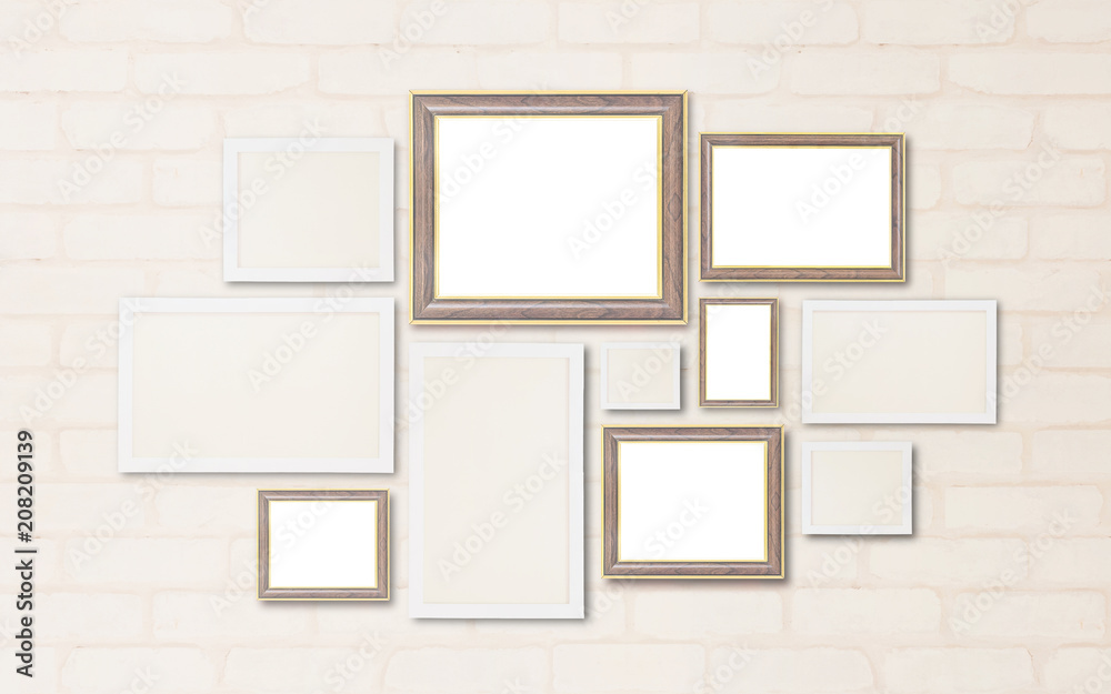 Closeup surface frame for photo array on brick wallpaper at wall of house textured background Closeup surface frame for photo array on brick wallpaper at wall of house textured background