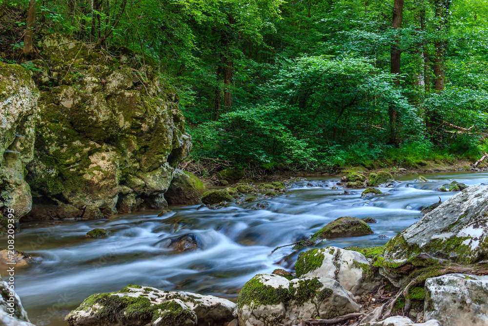 Beautiful mountain river with small cascades surrounded by trees and rocks in Serbia, Europe Beautiful mountain river with small cascades surrounded by trees and rocks in Serbia, Europe