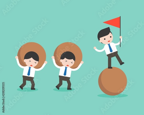 Two businessman carry a stone and businessman walk on a stone holding red flag, smart work concept