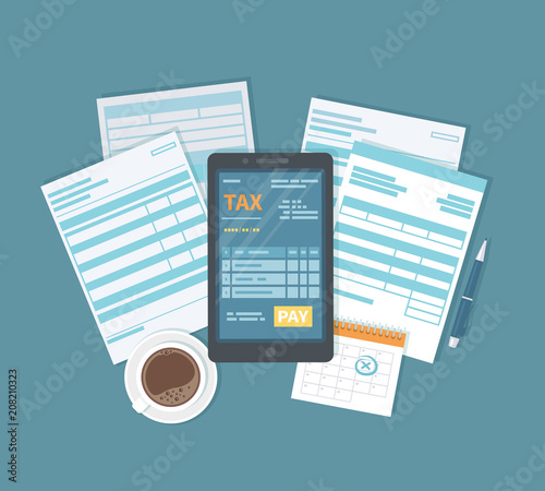 Online tax payment via phone. Mobile phone with tax form on screen and pay button. Internet banking concept. Online paying, bookkeeping, accounting. Vector illustration