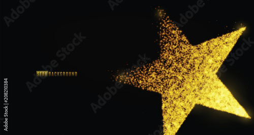 Star banner background design with glowing particles isolated on dark black backdrop. Copy space. Light golden star shape consist of shine, glitter, glow, spark effect