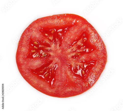 Fresh ripe, red tomato cut in half isolated on white background, top view