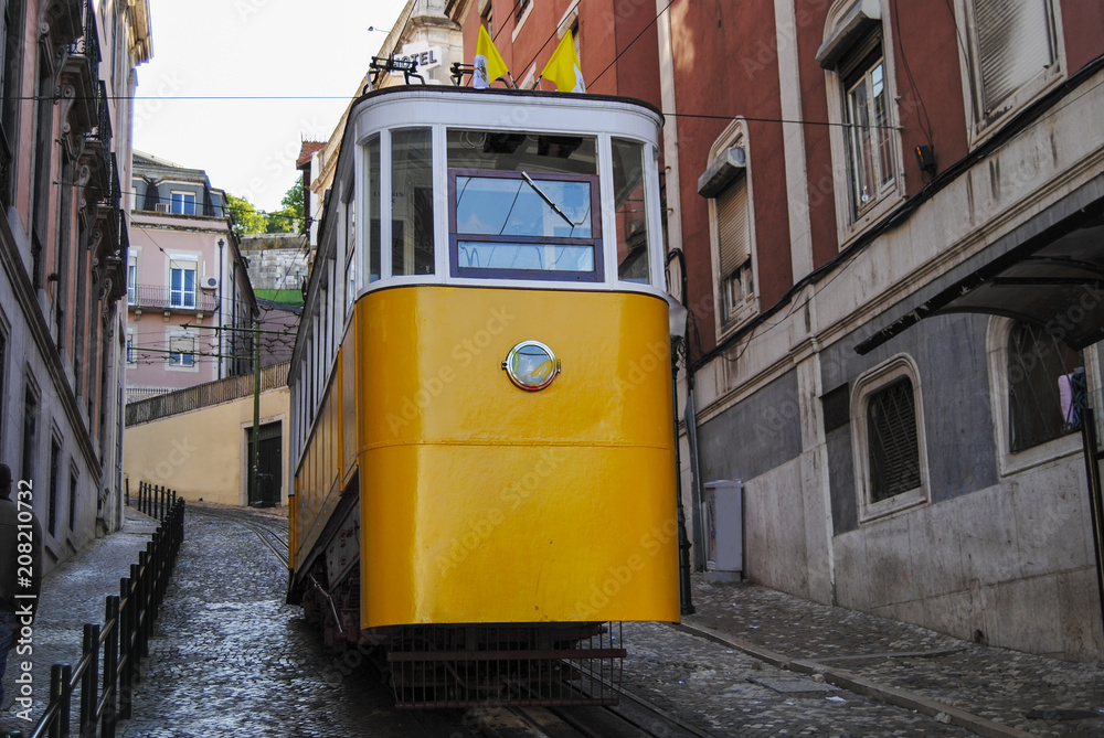 The Gloria Funicular (Elevador da Gloria) in the city of Lisbon, Portugal. Gloria Funicular connects the Pombaline downtown with Bairro Alto