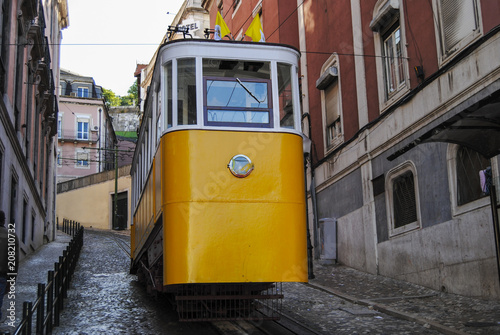 The Gloria Funicular (Elevador da Gloria) in the city of Lisbon, Portugal. Gloria Funicular connects the Pombaline downtown with Bairro Alto