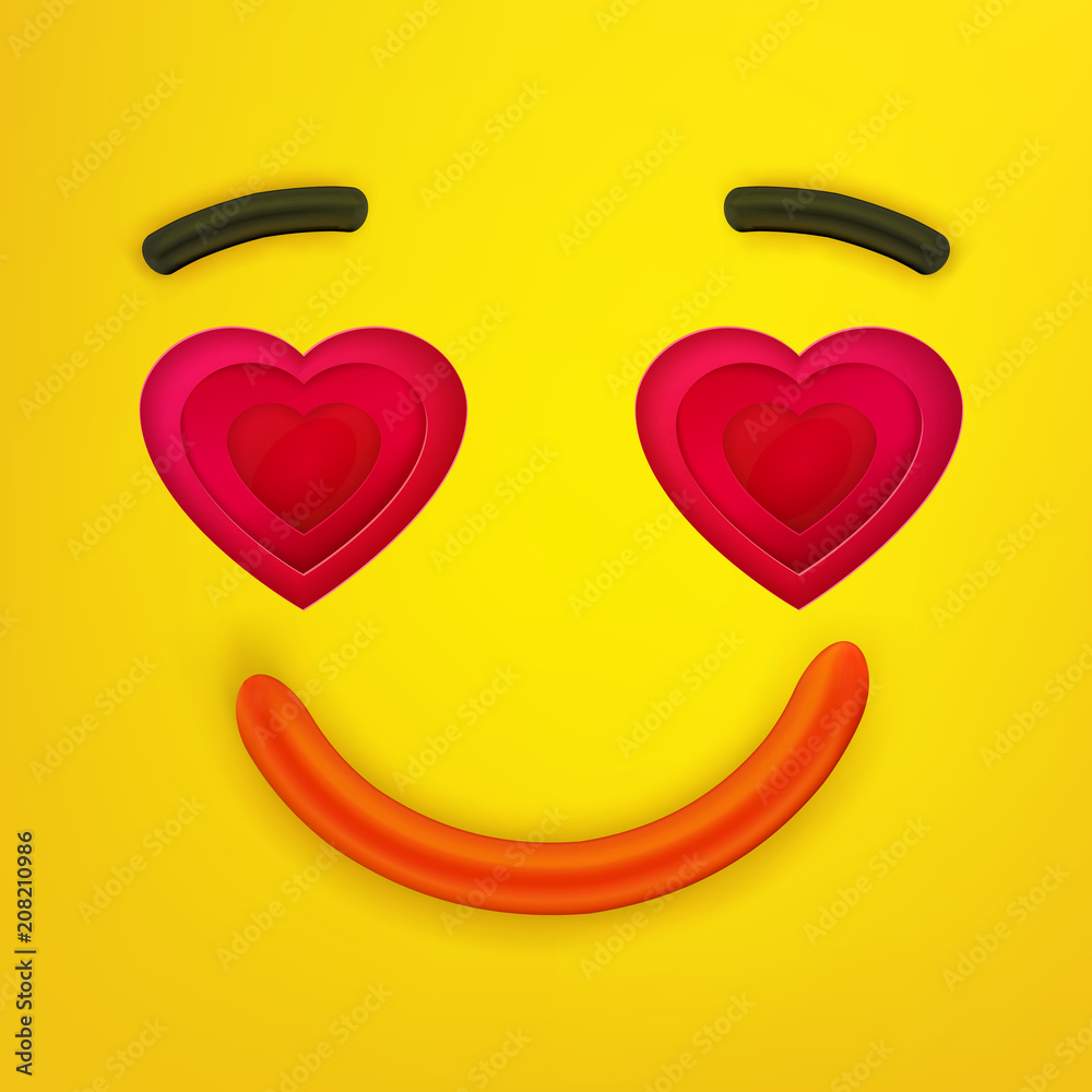 Papercut styled character with leyered heart form eyes and 3d smile. Vector illustration. Bright yellow and pink colors, cute design. Papercut styled character with leyered heart form eyes and 3d smile. Vector illustration. Bright yellow and pink colors, cute design.