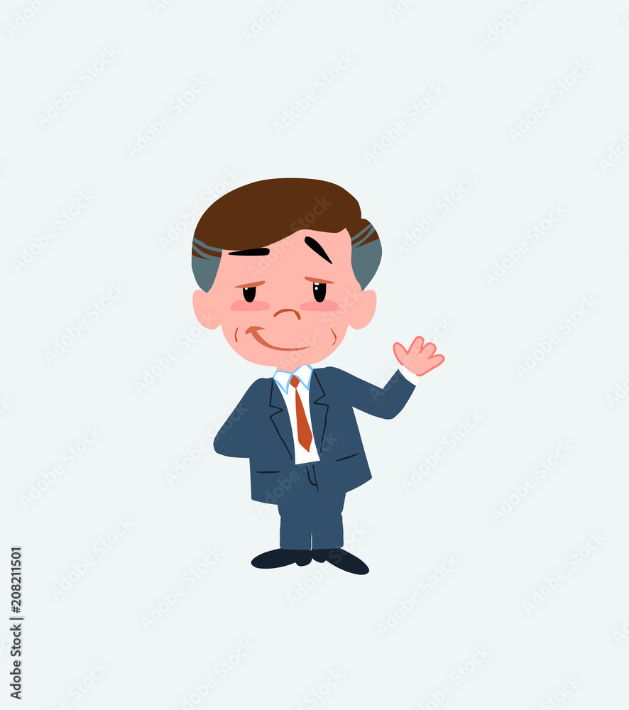 Businessman waving with a dreamy expression.