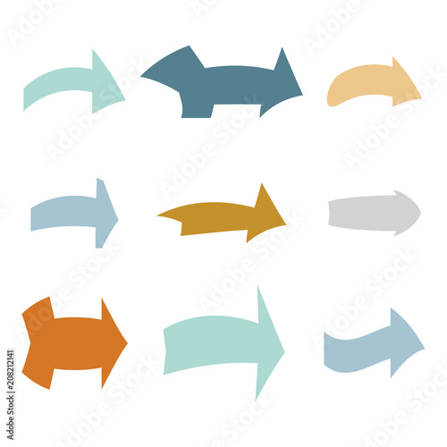 Set of nine multicolored various arrows. Vector illustration 