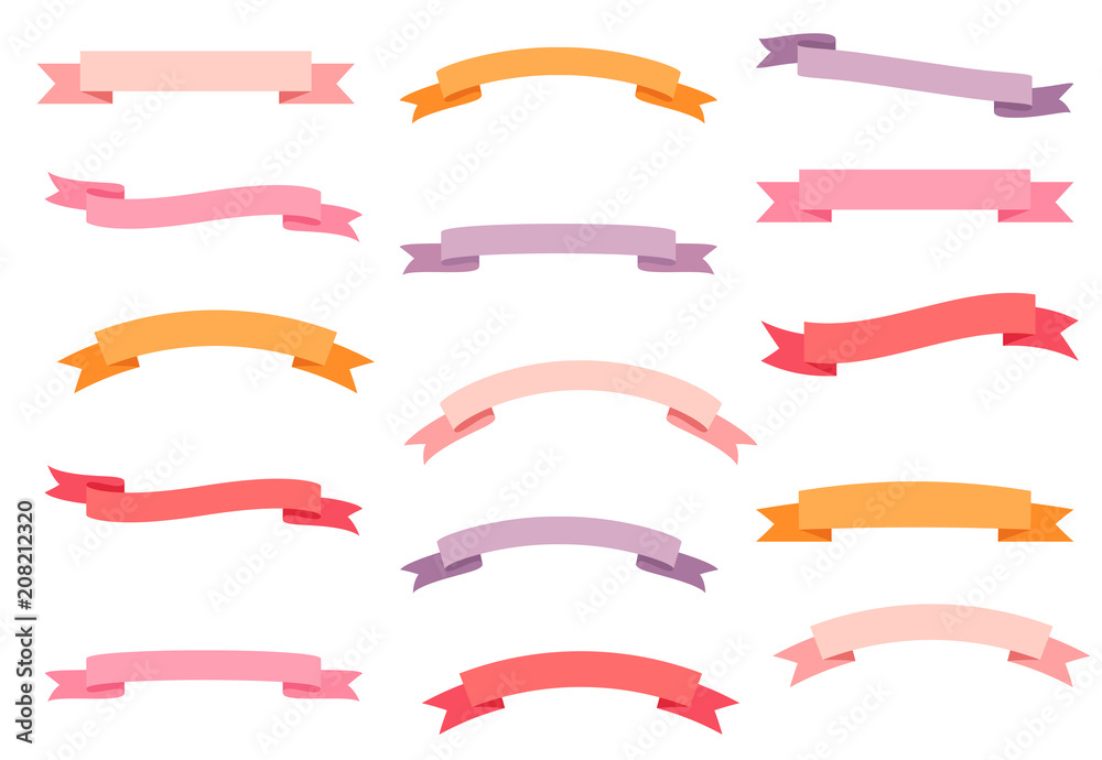 Pink, violet and orange vector set with curvy banners, colorful ribbons for greeting cards and graphic design