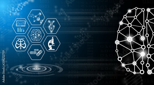 abstract background technology concept in blue light,brain and human body heal ,technology modern medical science in future and global international medical with tests analysis clone DNA human