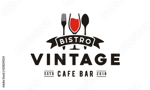 Leinwand Poster Wine Glass Spoon Fork Restaurant Vintage Retro Bar Bistro with Ribbon Logo desig