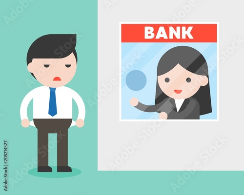 businessman at bank counter, banker asking for money but he is broke and can not afford to paid bank