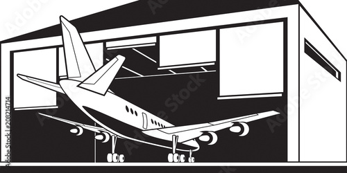 Aircraft enter hangar at airport - vector illustration