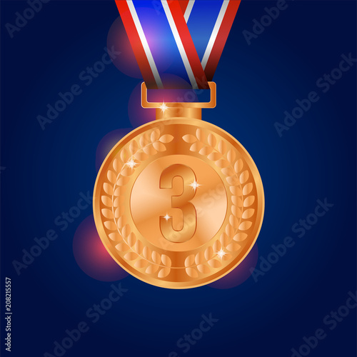 Realistic shiny bronze medal with blue background