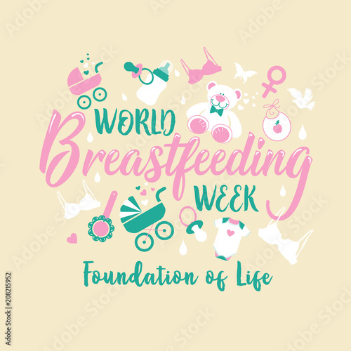 World breastfeeding week and kids elements flat icon set concept. Child illustrations design