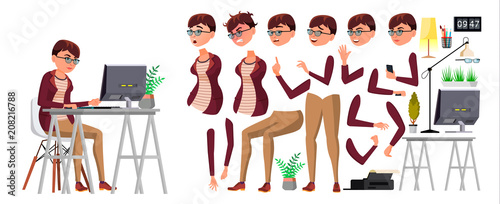 Office Worker Vector. Woman. Professional Officer, Clerk. Business Female. Lady Face Emotions, Various Gestures. Animation Creation Set. Isolated Flat Character Illustration